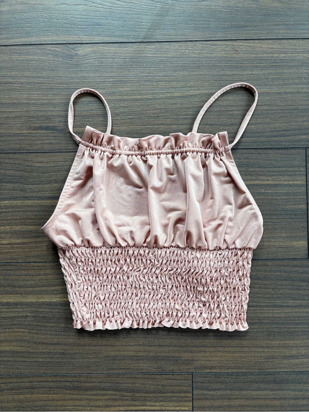 Blush pink satin smocked blouse tank top